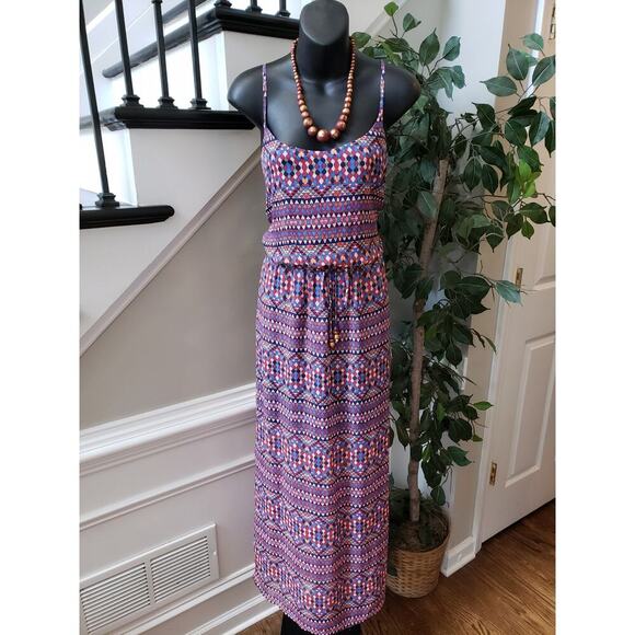 City Triangles Long Maxi Dress Womens Large Blue Pink Geo Print Criss Cross Back - Picture 1 of 12